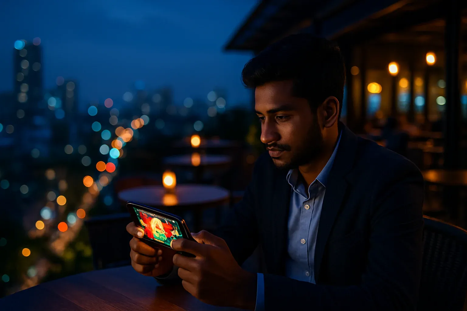 Young professional using casino app on smartphone at Dhaka rooftop cafe