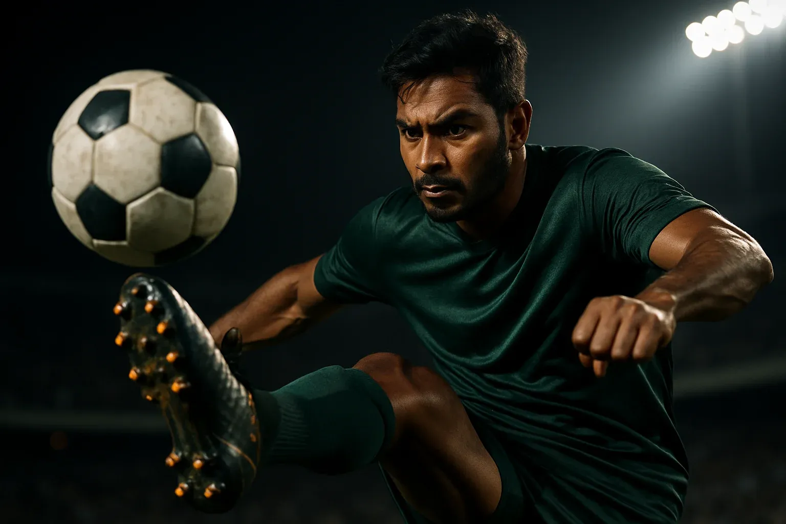 Bangladeshi male footballer in dark green jersey performing powerful volley kick