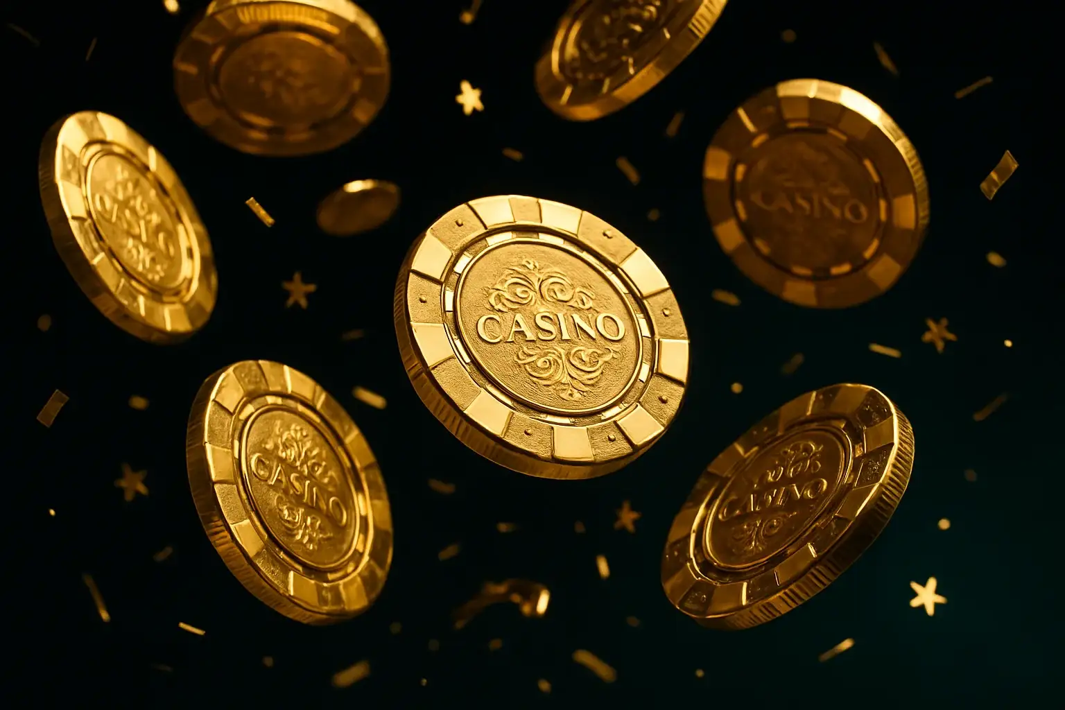 Golden casino chips raining in slow motion with bonus stars