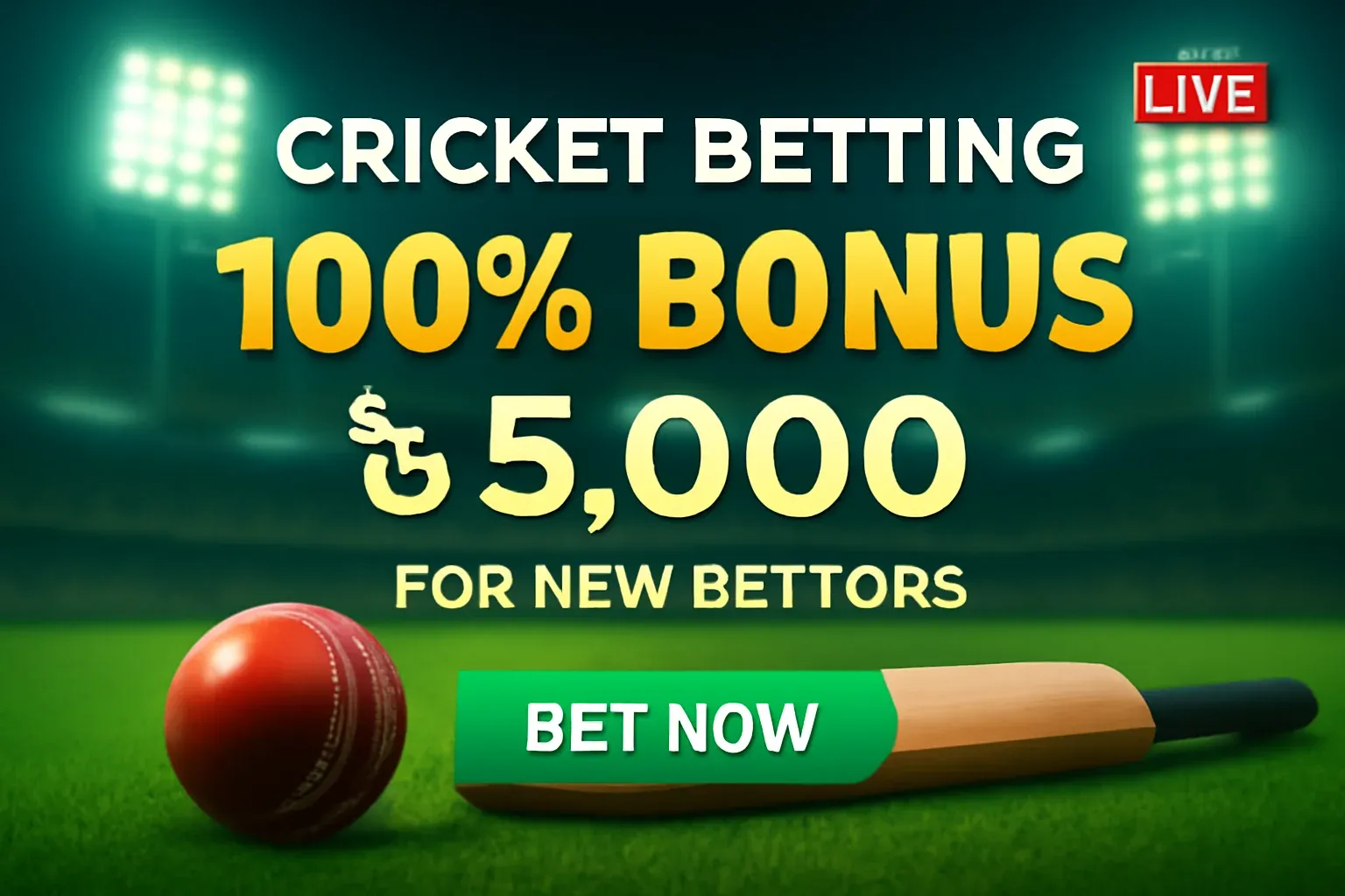 Cricket betting banner with green stadium background, cricket ball and bat on turf, 100% bonus offer for new bettors, and green bet now button