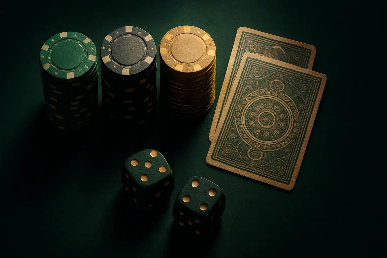 Poker chips, playing cards, and dice on dark velvet surface