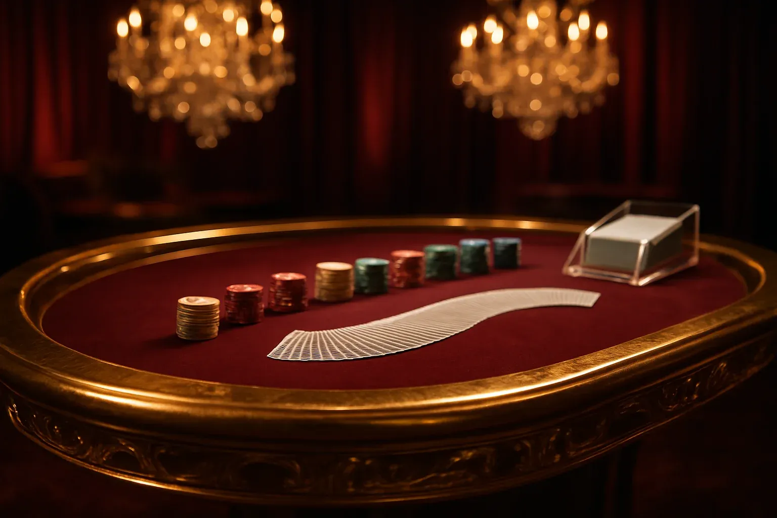 Hyperrealistic luxury live baccarat studio with golden table and crystal chandeliers
