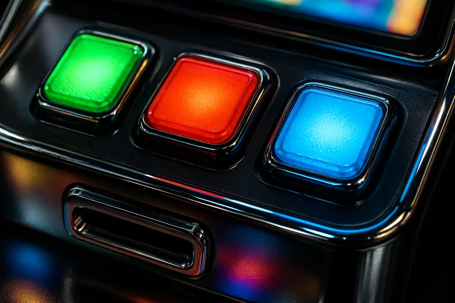 Close-up of illuminated slot machine control panel buttons and chrome details